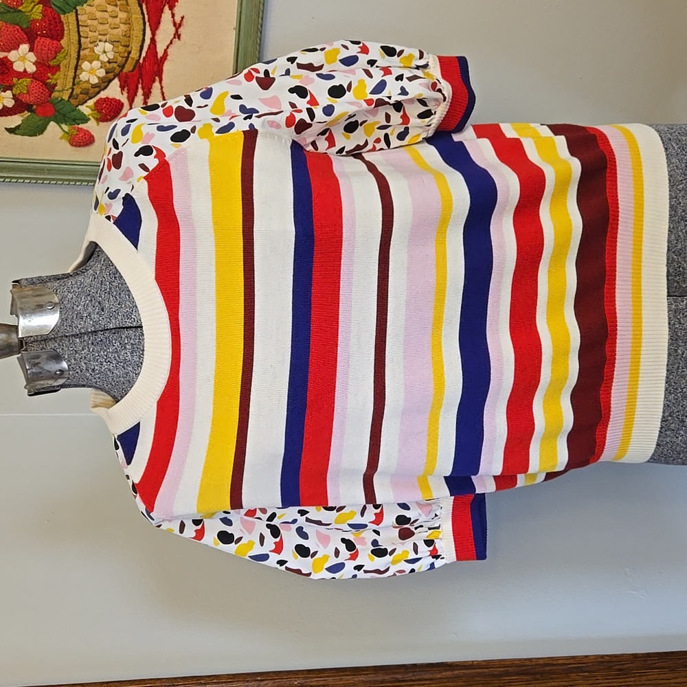 Akris Punto Multicolor Striped Knit Pullover with Printed Puff Sleeves